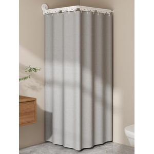 Barre Tringle Rideau Douche Angle Extensible Reglable Pliable Sans Percage avec Double Ventouse et Rideau de Douche en Lin Anti Moisissure Lavable en Machine(D-Light gray,197 cm/77.6 in) (APMOE Official, neuf)