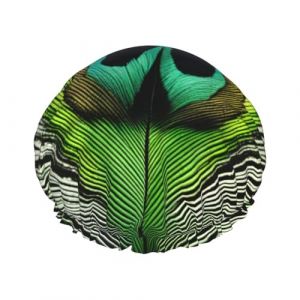 Bonnet de douche imprimé plume de paon vert pour femme drôle - réutilisable | Bonnet de cheveux fantaisie pour le bain | Chapeau de couche (Qingchede77Stro, neuf)