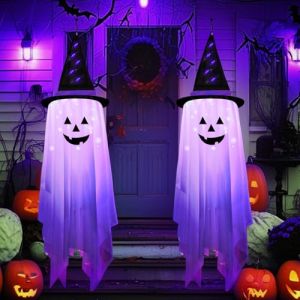 DJLLA Halloween Suspendu Fantôme Décoration, 2 Pièces 1.35M Fantôme Lumière LED Peur Décorations Halloween Extérieur, Chapeau Sorcière Lumière Violet (weishengshebei, neuf)