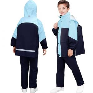 Baogaier Enfants Imperm&eacute;able &agrave; Capuche, Unisexe Fille Gar&ccedil;on L&eacute;ger Manteau Veste de Pluie et Pantalon Combinaison avec Bandes R&eacute;fl&eacute;chissante, pour Sport Randonn&eacute;e Voyage 13-14 Ans, Bleu Noir (Baogaier, neuf)