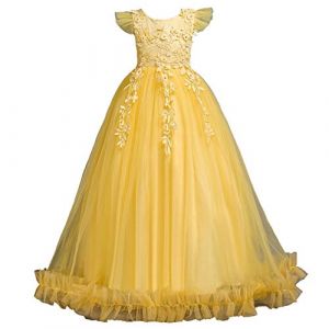 Valin Robe pour Filles Robe Princesse Jaune sans Manche Robes de Bal Tulle Robe de Soirée de Mariage Enfants Dentelle 13-14 Ans,V833 (Fivebee Fashion, neuf)