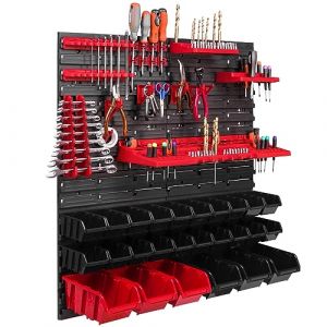 Systeme de rangement mural de garage 78 x 78 cm, 26 boites de rangement bacs a bec rouges noir, etagere outils, tableaux murales, panneau porte outils, etagere extensible, atelier, banc de travail (botle, neuf)