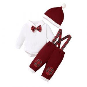 Caziffer Ensemble No&euml;l B&eacute;b&eacute; Gar&ccedil;on Tenue Noel Gar&ccedil;ons 3 Pi&egrave;ces Barboteuse + Salopette + Chapeau D&eacute;guisement No&euml;l pour B&eacute;b&eacute; Gar&ccedil;on 0-18 Mois (Rouge, 12-18 Months) (baixia, neuf)