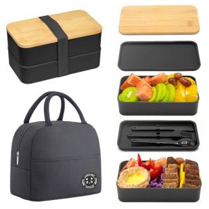 Fhioevt Bento Lunch Box 2 Couches Boite Repas Compartiment 1200 ml Lunchbox Herm&eacute;tique avec Couverts Kit et Sac Isotherme Repas Boite Bento pour Adultes Enfants Pique-Niques Travail L'&eacute;cole (Noir) (Zhongtou Smart Device, neuf)