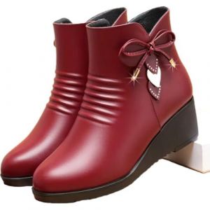 WEHAM Bottines Courtes &agrave; Talons compens&eacute;s en Cuir pour Femmes, doubl&eacute;es de Fourrure Douce, Bottes de Neige &agrave; Plateforme antid&eacute;rapante avec Fermeture &eacute;clair lat&eacute;rale,Rouge,39 (Lutte pour la Rena&icirc;tre, neuf)