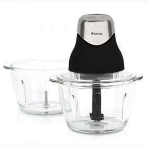 H.Koenig Mini Hachoir Electrique Noir Mat Chrome LEO9 Résistant Bol Verre Gradué 1L Lames INOX, Facile d'utilisation, Légumes, Epices, Fruits Secs, Couvercle de conservation (PrixToutCompris, neuf)