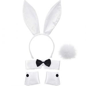 SATINIOR Costume de lapin pour femme avec oreilles de lapin, bandeau, collier, n&oelig;ud papillon, manchettes et queue de lapin pour Halloween, No&euml;l, f&ecirc;te costum&eacute;e (blanc) (FlyerHan, neuf)