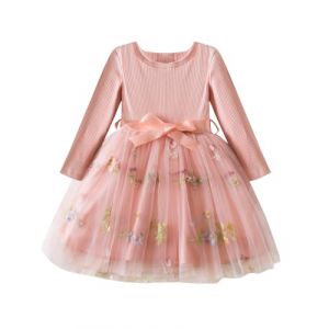JiAmy Robe arc-en-ciel &agrave; manches longues pour fille - Tricot c&ocirc;tel&eacute; - Robe en tulle arc-en-ciel - Jupe avec ceinture - Pour 1-6 ans, 1-2 ans (JiAmy-EU, neuf)