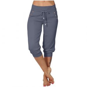 Legging court 3/4 d'été pour femme - Taille haute - Coupe ajustée - Couleur unie - Stretch - Respirant - Short de sport d'extérieur - Taille élastique - Avec cordon de serrage et poches - S-3XL, gris (yysmgii, neuf)