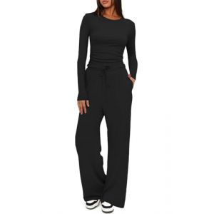 CheChury Ensemble Pantalon Femme Chic et Elegant 2 Pi&egrave;ces Tenue Surv&ecirc;tement Slim Fit Manche Longue Haut et Pantalon Fluide avec Poches D&eacute;contract&eacute;,Noir,XS (LYworld, neuf)