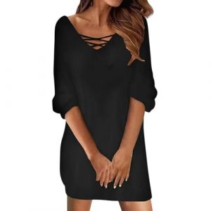WVONIF Mini Robe Femme en Dentelle Moulante à Manches Longues Imprimé Floral Col en V Robe de Cocktail Casual Party Soirée Pullover Jupe Fendue Courte Déguisements Noel (Z3 Noir,S) (BAULMD（90% Big Promotion Without Discount Code ）, neuf)