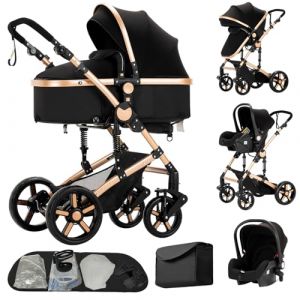 Poussette 3 en 1, poussette bidirectionnelle, nacelle cosy et capote inclus, pour naissance b&eacute;b&eacute;s de 0 a 3 ans (Noir-Or + Sac &agrave; langer) (HengRuiFeng, neuf)