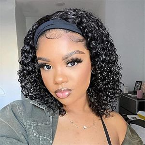 Perruque Bandeau Cheveux Humain Deep Wave Perruque Bresilienne Bouclée 12 Pouces(30cm) 150% Densité Perruque Femme Naturelle Brésilien Cheveux Humain Non Lace Curly Headband Wig Noire Naturelle (RuiBeiSai, neuf)