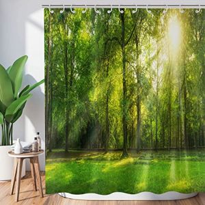 Hnmdmyi Rideau de douche 180 x 200 cm, motif for&ecirc;t verte, jungle, grands arbres, soleil, paysage naturel, paysage 3D, rideaux de salle de bain en polyester imperm&eacute;able lavable avec crochets (Hnmdmyi, neuf)