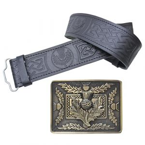 Ensemble ceinture de kilt en cuir et boucle, ceinture en relief chardon &eacute;cossais avec boucles en argent antique n&oelig;ud celtique en &eacute;tain &ndash; Ceintures de kilt pour homme, Laiton - Antique, XL, 44 -48 Inch (Kilt Mania, neuf)