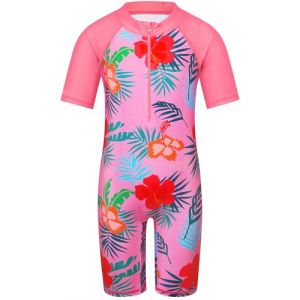 HUAANIUE Filles Maillot de Bain 1 Pièce 2-12 Ans, Anti-UV UPF 50+ Manches Courtes, Fermeture Éclair Frontale, Imprimés Colorés, Idéal pour Plage et Piscine (S406-Fleur Rose, 8-10 Ans) (HUANQIU EUR STORE, neuf)
