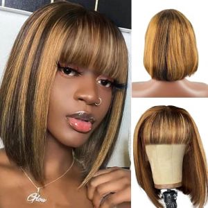 Perruque Bresilienne Cheveux Humain Naturelle Courte 14 Pouces Bob Perruque Droite Tissage Bresilienne Perruque Femme avec frange Bob Wig Human Hair Blond Highlight Ombre (#4/27 Couleur) (RuiBeiSai, neuf)