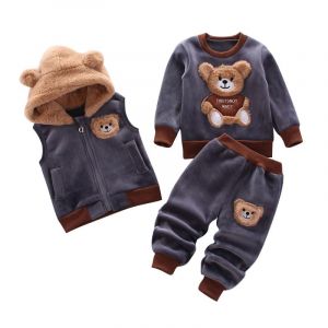 Tenue chaude pour tout-petits enfants &agrave; capuche sans manches gilet costume b&eacute;b&eacute; hiver trois pi&egrave;ces tenues enfant &agrave; manches longues sweat pantalon ensembles b&eacute;b&eacute;s dessin anim&eacute; ours v&ecirc;tements 0-4 ans (Odziezet, neuf)