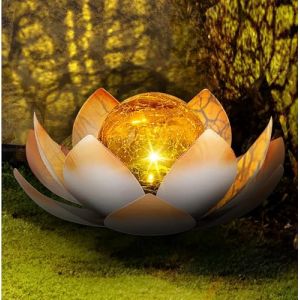 Syfunlv Lampe Solaire Fleur de Lotus,LED Lampe Solaire de Lotus avec Boule en Verre Craquel&eacute;, Lanterne Solaire en M&eacute;tal,Lampe Lumi&egrave;res Solaires Paysage,Pour Cour,Pelouse,Jardin Exterieur (Ambre) (XJ..., neuf)