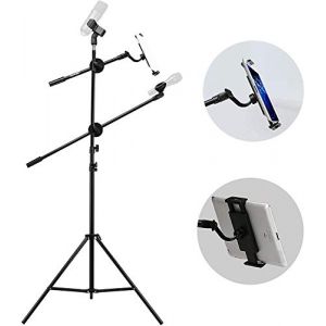 Pied de microphone en métal avec 2 clips de microphone et support de tablette réglable en hauteur de 90 à 210 cm avec trépied (IMAGEFRONT, neuf)