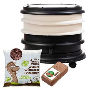 WORMbox | Lombricomposteur 2 Plateaux Ivoire + 250gr de vers de Compost + 1 Bloc Coco | 32 litres | Compostez Vos déchets organiques, Les vers de Terre/lombrics produisent du lombricompost (Ferme du Moutta, neuf)