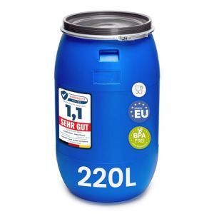 Garronda réservoir d'eau de 220 litres, Baril Alimentaire, fût à Large Ouverture en HDPE et sans BPA, tonneau de Jardin, bac à Aliments pour Animaux, conteneur d'eau, tonneau Universel GD-0078, Bleu (Hisert, neuf)