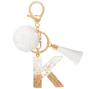 MWOOT Porte Clé Lettre K Peluche Tassel, Initial Résine Personnalisé Keychain Or Blanc, Porte Clef Lettre Pendentif Décoratif, Kawaii Porte Clef Voiture Charm, Idee Cadeau D'Anniversaire pour Femme (vetpw, neuf)