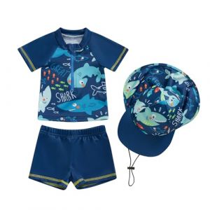 Carolilly Maillot de Bain Enfant Bébé Garçon de 3 Pièces, Haut Zippé Imprimé Cartoon à Manches Courtes + Culotte de Bain + Chapeau Anti-UV (0-5 Ans) (Bleu Requin, 6-12 Months) (La Vie Brillante, neuf)