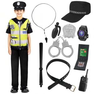 Aomig Police Deguisement Enfant, 11Pcs Policier Costume Courte avec Chapeau, Menottes, Talkies-Walkies, Bâton, Accessoires de Police, Costume Policier pour Garçon Halloween Cosplay Carnaval Party (Yadark, neuf)