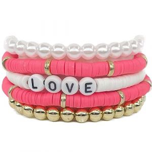 Clataly Lot de 5 bracelets en poterie douce colorée lettre Love bracelet empilable élastique perlé bracelet Femmes bijoux (Rose rouge) (clataly, neuf)