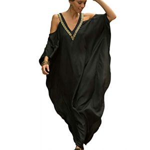 Bsubseach Robe de Plage Femme Caftan Épaule Froide Col en V Cache-Maillot de Bain Maxi Kimono Djellaba Grande Taille Kaftan Noir (Bsubseach-EU, neuf)