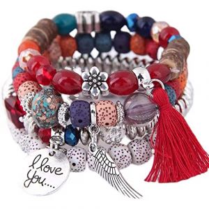 Carufin Cristal Multicouche Turquoise Bracelets Boho Perlé Gland Élasticité Bracelet Main Accessoires Bijoux pour Femmes et Hommes (Rouge) (Carufin, neuf)