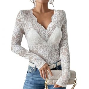 Haut Dentelle Femme, Chic et Elegant Chemisier en Dentelle Florale Transparente Chemise Sexy en Maille Haut Manches Longues Automne et Hiver, L, Blanc (Zawalud, neuf)