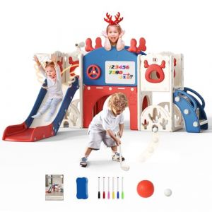 Toboggan pour Enfants 11 en 1 en Forme d'&eacute;lan avec Panier de Basket, Golf, t&eacute;lescope, Structure d'escalade,Toboggan d'int&eacute;rieur pour Enfants,Jouets d'aire de Jeux Montessori(Bleu-Rouge) (WARM HEART LIMITED, neuf)