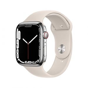 Apple Watch Series 7 (GPS + Cellulaire, 45MM) Boîtier en Acier Inoxydable Argent avec Bracelet Sport Lumière Stellaire (Reconditionné) (GRADE MOBILE EU, neuf)
