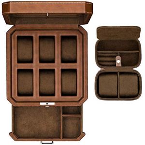 Coffret cadeau en cuir à 6 emplacements avec tiroir valet – Organiseur de luxe pour montres – boîte à bijoux verrouillable, boîte de rangement pour homme avec grand plateau en verre (brun roux/marron) (Rothwell SF, neuf)