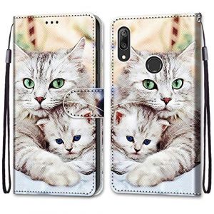 Mo-Somnus Coque pour Huawei Y7 2019, Etui en Cuir PU Portefeuille Housse Coque avec 360 Degr&eacute;s Silicone Antichoc Protection Cover Cuir Pochette Magn&eacute;tique und Flip B&eacute;quille (Chats 2) (Mo-Beauty EU Store, neuf)