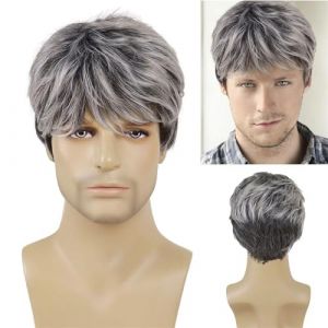 Courte Perruque pour Homme Perruque de Cosplay synthétique naturelle résistante à la chaleur for homme, perruque courte bouclée noire mélangée de cheveux gris for homme, perruque cadeau for père Homme (zjyouzhou, neuf)