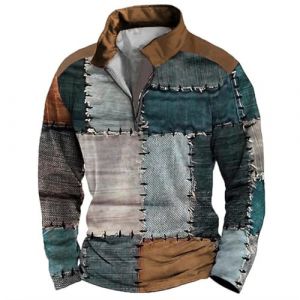 Pull patchwork r&eacute;tro pour homme - Pull vintage &agrave; manches longues - Fermeture &eacute;clair 1/4 - Pull d'automne &agrave; col montant - Pull color&eacute; color&eacute; - Haut hippie d&eacute;contract&eacute;, bleu, XXX-Large (Mens Clothing Sale Clearance Uk, neuf)