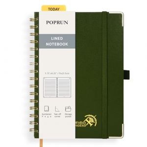 POPRUN Carnet de Notes Ligné A5 Spirale, Cahier Couverture rigide, Bullet Journal avec 141 Pages Numérotées, Papier 120 g/m², Étiquettes Autocollantes et 8 Feuilles Détachables, Vert olive-OL (Time Works Wonders, neuf)