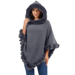 Rayson Poncho Femme Hiver Elégant Chaud Châle avec Tricoté à Capuche Manteau en Fausse Fourrure pour l' Automne Hiver(Gris) (RSSAA, neuf)