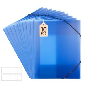 FRETONBA Lot de 10 chemises en plastique A4 avec &eacute;lastiques pour documents, organiseur de documents, pochettes perfor&eacute;es A4 avec 3 rabats pour dossiers, rangement de papier, bleu transparent (FRETONBA, neuf)