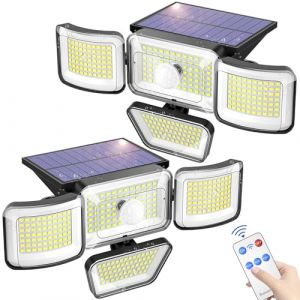KHTO Lot de 2 lampes solaires d'extérieur 278 LED 3000 lumens IP65 étanches avec détecteur de mouvement et télécommande, 3 modes d'éclairage, 4 têtes, pour jardin, terrasse, cour (KHTO, neuf)