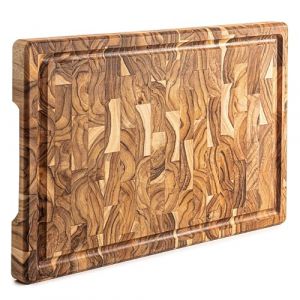 Erreke Planche a Decouper Bois, Bois de Teck End Grain, Couper Servir Viande Fromage Pain, Grande Planche à Découper, 44 x 29.5 x 3.2 cm (avec rainure pour le jus) (Erreke, neuf)