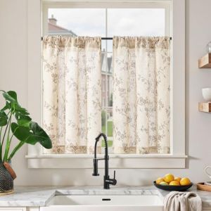TOPICK Rideaux en lin &agrave; carreaux 65 x 90 cm (l x H) avec imprim&eacute; floral, style campagne, pour cuisine, salon, printemps, 2 pi&egrave;ces, mi-transparent, pour fen&ecirc;tre, brun sur blanc (Audrey Home Fashion, neuf)