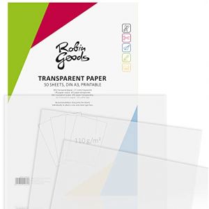 Robin Goods® 50 feuilles de papier calque haut de gamme DIN A3, 110 g/m², super qualité, imprimable, papier kraft, papier calque, papier parchemin, papier architecte (50 feuilles A3 - transparentes) (Magicbrands, neuf)