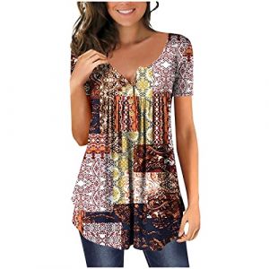 Chic Et &Eacute;l&eacute;gant Chemisier Femme Manches 3/4,T Shirt Imprim&eacute; Fleurs avec Pliss&eacute;,Tee Shirt Col en V Blouse De Boheme Hauts avec Boutons,D&eacute;contract&eacute;e Tunique &Eacute;t&eacute; Plage Travail Tunique Tops (Wyongtao❖, neuf)