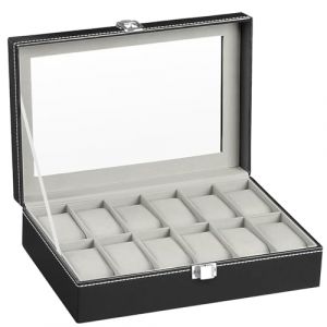 RDDAIPE Boite a Montre 12 Compartiments, Bo&icirc;te &agrave; Montres Homme Femme, Coffret Montre avec Couvercle en Verre, PU Boite Rangement Montre, pour F&ecirc;te des P&egrave;res Anniversaire Cadeaux de No&euml;l, Gris (DIRECT E-COMMERCE S.R.L., neuf)