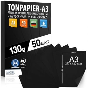 50 feuilles de papier de construction Papier &agrave; dessin PROFESSIONNEL DIN A3-130g / m&sup2; noir profond - papier uni pour bricolage, loisir, &eacute;cole, dessincraie et cadeaux FABRIQU&Eacute; EN ALLEMAGNE (snowcommerce GmbH, neuf)