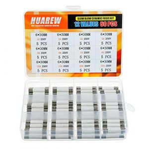 HUAREW 12 valeurs 60 pièces 6x30 mm 1A 2A 3A 4A 5A 6A 7A 8A 10A 15A 20A 30 A 250 V fusible à tube en céramique à fusion lente kit de classification (HUAREW, neuf)